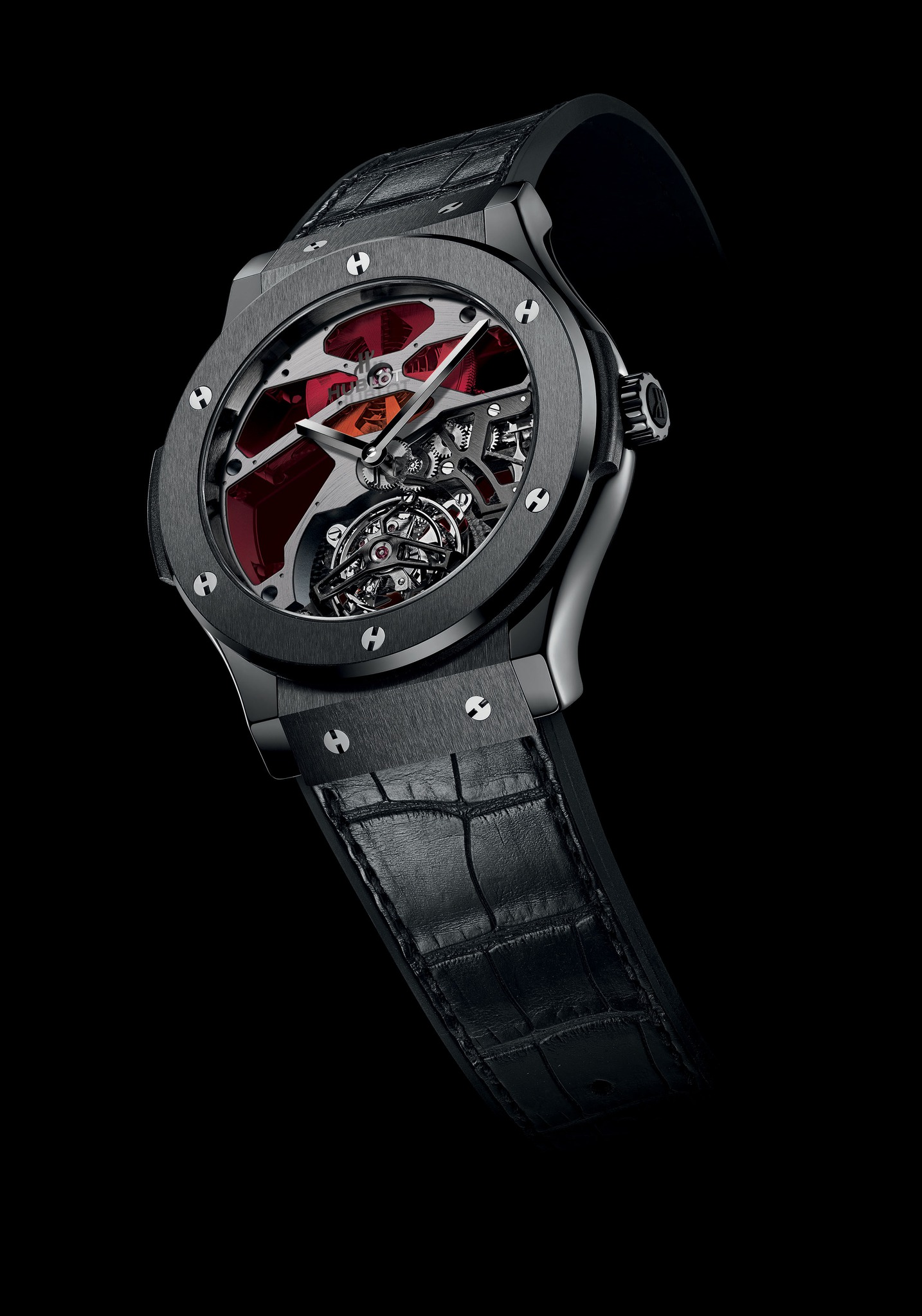 Replica Hublot 2014 New Classic Fusion Skeleton Tourbillon Red Vitrail Black Ceramic 502.CX.0001.LR Replica Watch